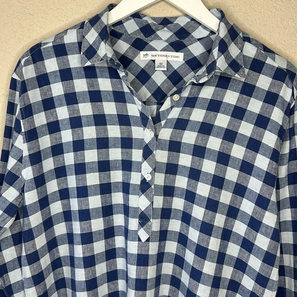 Southern Tide Blue White Gingham Linen‎ Blend Popover Shirt Size M